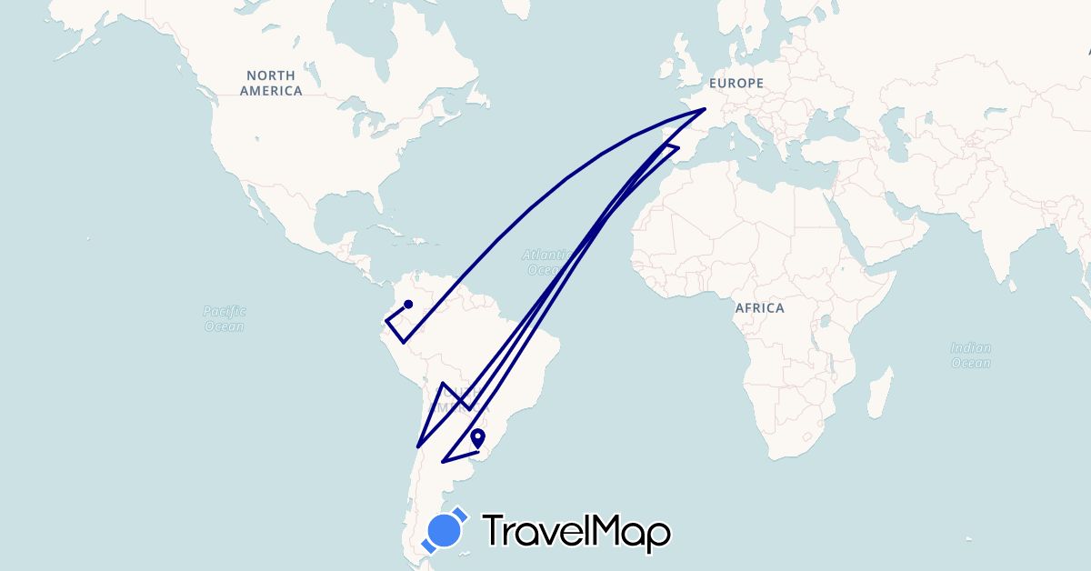 TravelMap itinerary: driving in Argentina, Bolivia, Chile, Colombia, Ecuador, Spain, France, Peru, Portugal, Paraguay, Uruguay (Europe, South America)